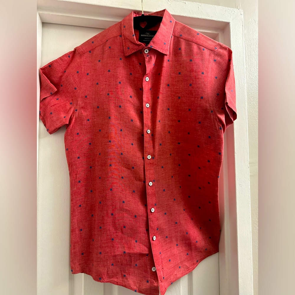Rodd & Gunn Short Sleeve Linen Sports Fit Shirt - Pink with Blue Square